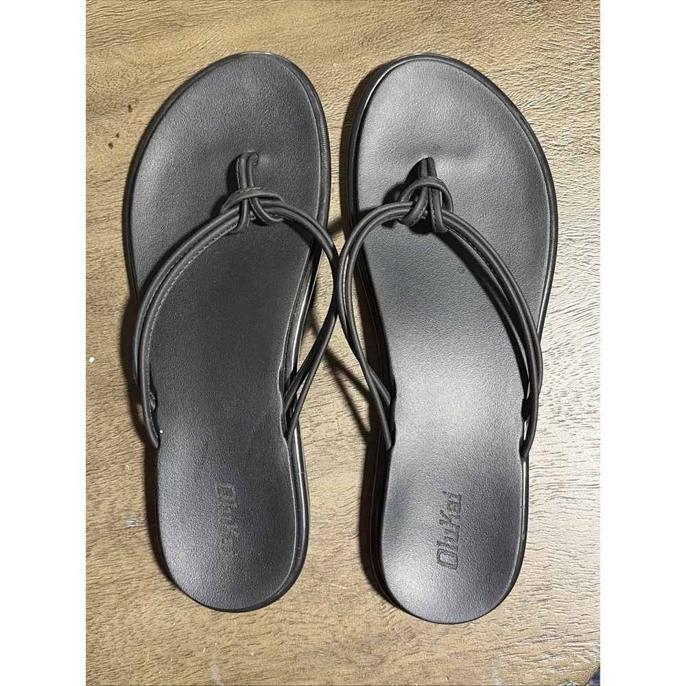 WOMEN'S OLUKAI BLACK 'AKA KNOTTED STRAPS BEACH/POOL FLIP FLOP SANDALS SIZE 9